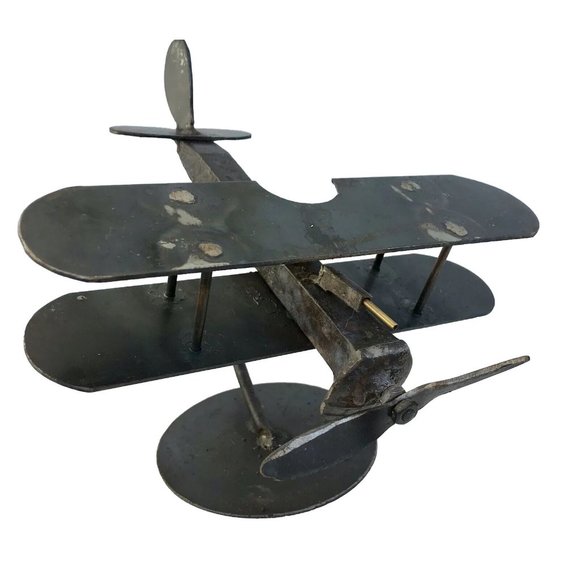 USA Handmade Scrap Metal Sculpture Fighter Plane Folk Art Airplane OOAK Vtg Art